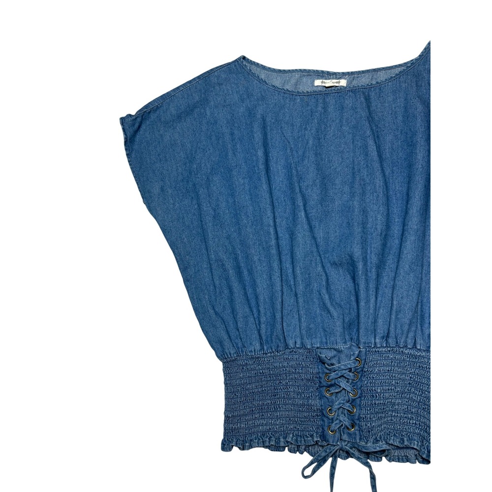 Tea Rose Denim Corset Top Women S Blue Cotton Lace Up Waist Smocked Boho Peasant - Picture 11 of 14